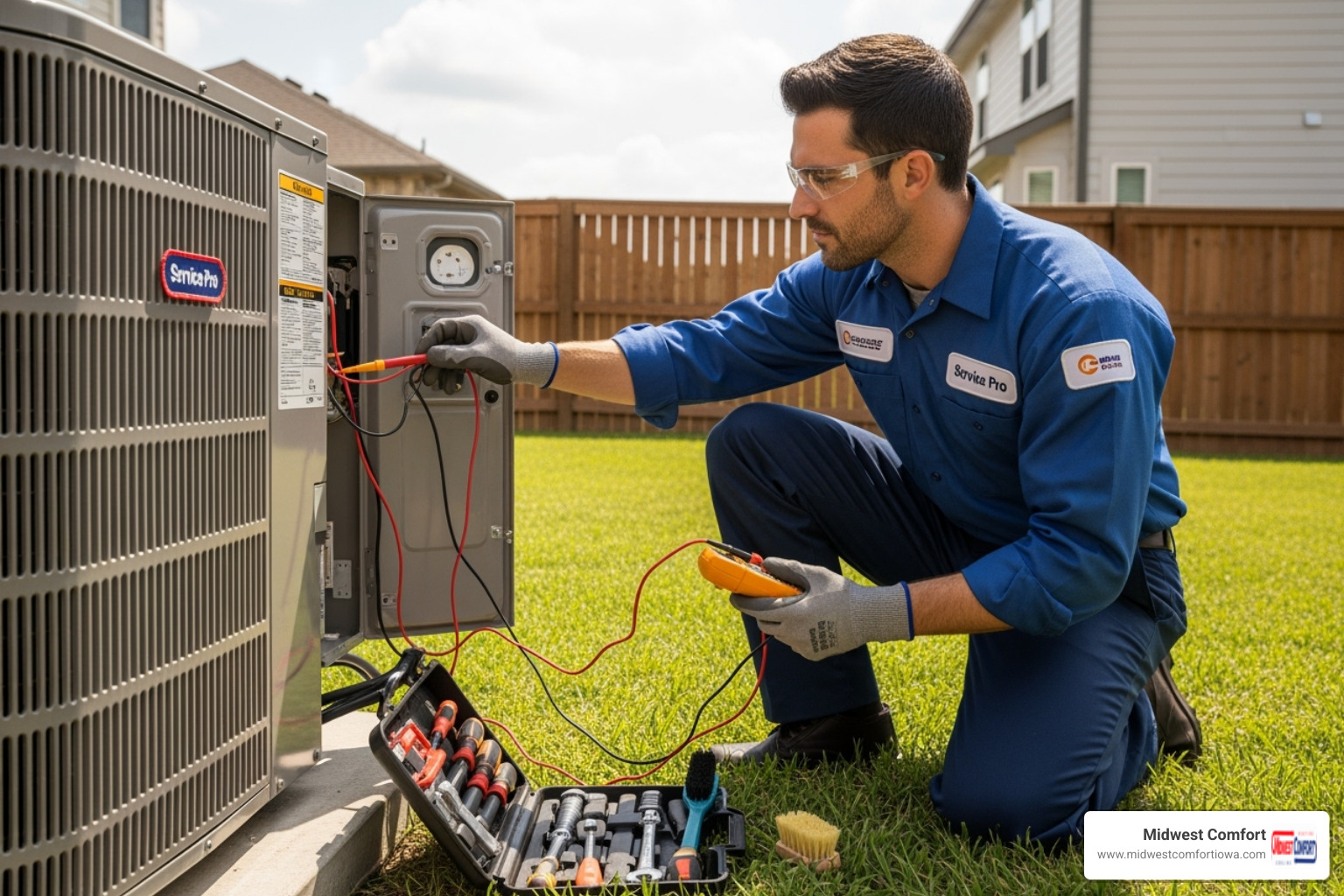 technician performing a tune-up on a new AC unit - ac installation near me des moines