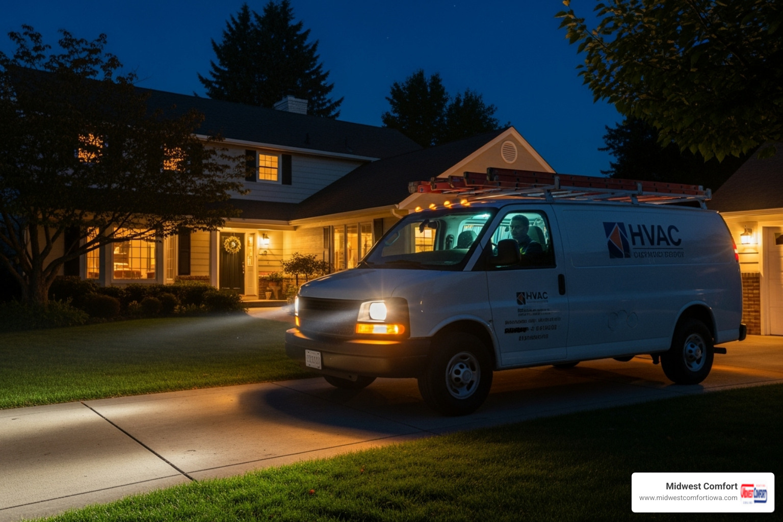 HVAC service van arriving at night - 24/7 hvac altoona