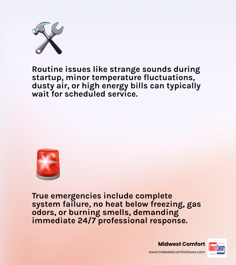Infographic showing the difference between routine HVAC issues (strange sounds during startup, minor temperature fluctuations, dusty air, high energy bills) and true emergencies (complete system failure, no heat below freezing, no AC above 90 degrees, burning smell or smoke, gas odor, loud grinding or banging, water leaking near equipment, system short cycling repeatedly) - 24/7 hvac altoona infographic 2_facts_emoji_light-gradient