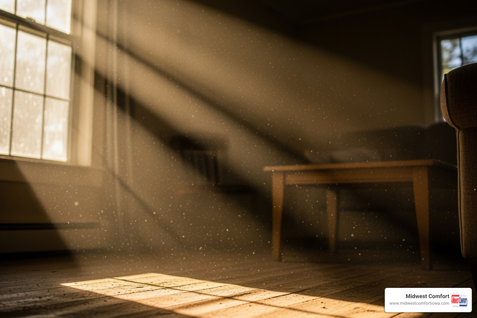 Dust particles visible in a sunbeam inside a home - indoor air quality des moines