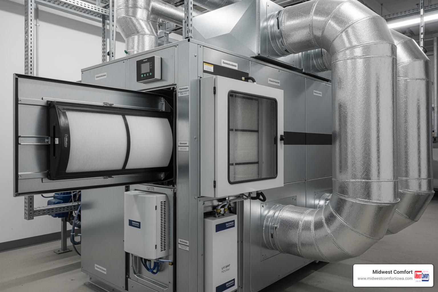 Clean, modern HVAC system with filtration components - indoor air quality des moines
