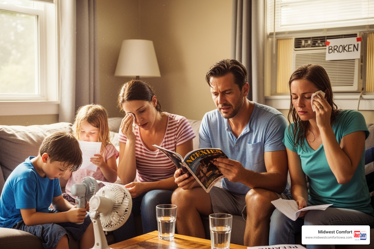 family in hot living room during summer - emergency ac repair ankeny ia