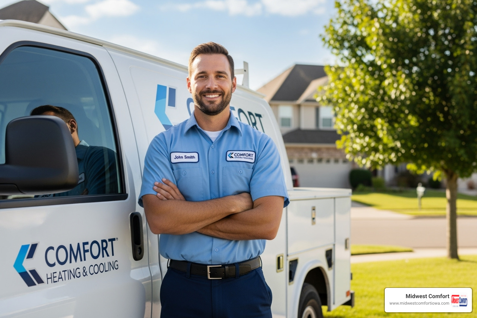 friendly technician with service van in Ankeny neighborhood - emergency ac repair ankeny ia