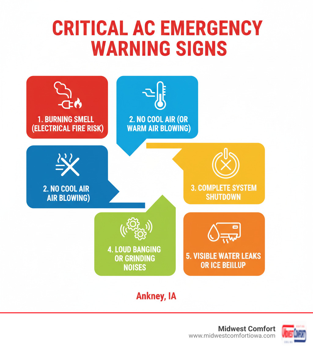 infographic showing five critical AC emergency warning signs: burning smell indicating electrical fire risk, no cool air or warm air blowing, complete system shutdown, loud banging or grinding noises, and visible water leaks or ice buildup on unit - emergency ac repair ankeny ia infographic 
