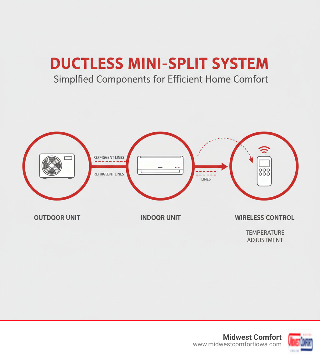 infographic showing the three main components of a ductless mini-split system: an outdoor compressor unit connected via refrigerant lines to a wall-mounted indoor air handler, with a wireless remote control for temperature adjustment - ductless ac ankeny ia infographic 