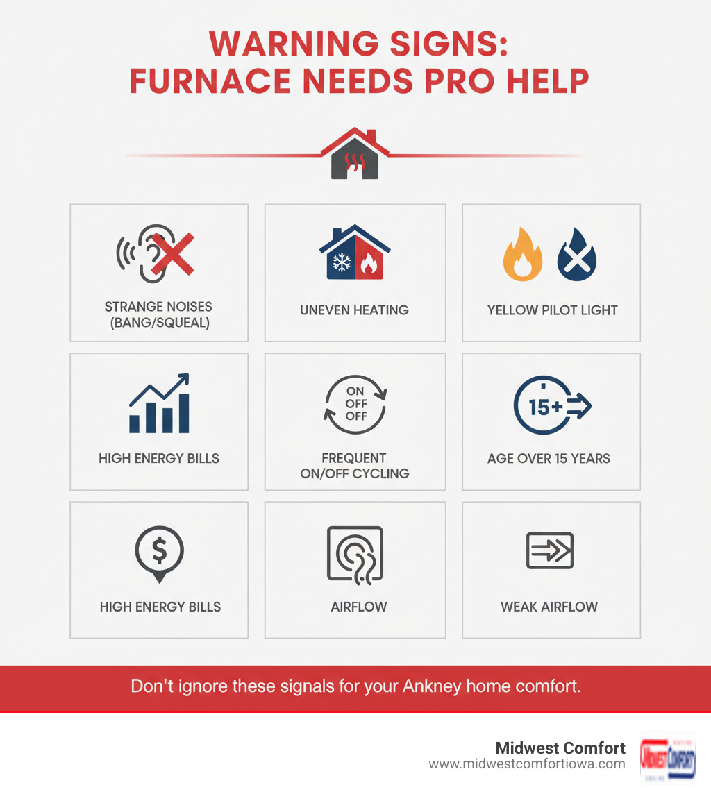infographic showing warning signs your heating system needs professional attention: strange noises like banging or squealing, uneven heating throughout the home, yellow pilot light instead of blue, unexplained increase in energy bills, frequent on-off cycling, age over 15 years, and weak airflow from vents - heating contractor ankeny infographic 