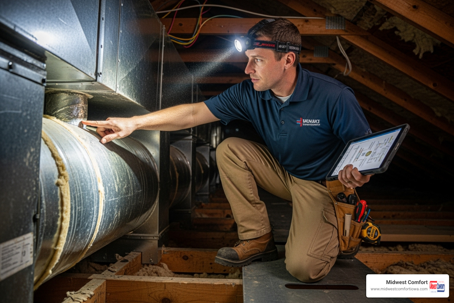 technician inspecting ductwork in an attic - duct repair near me des moines