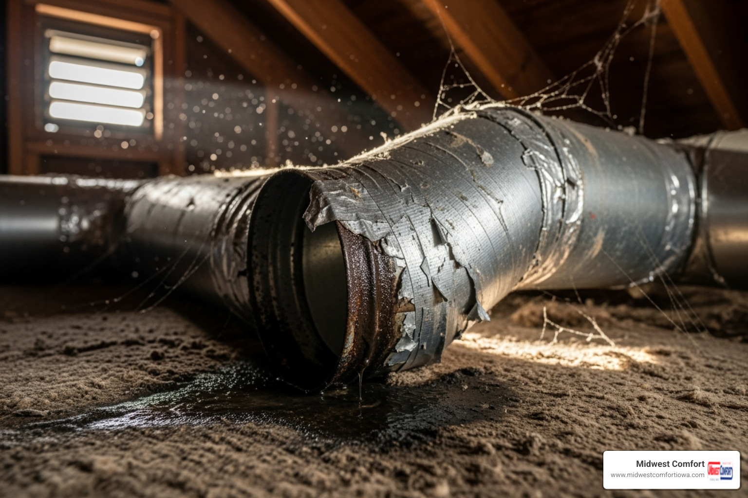 dusty, leaky duct joint in an attic - duct sealing for efficiency waukee