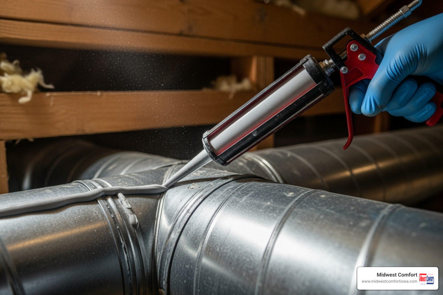 professional applying mastic sealant to a duct joint - duct sealing for efficiency waukee