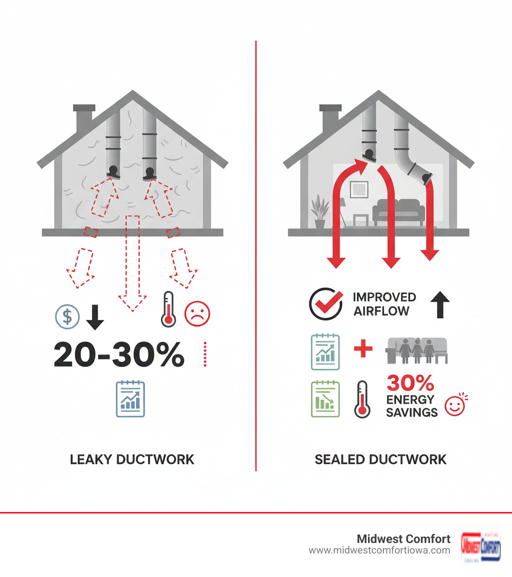 infographic showing cross-section of leaky ductwork in attic with arrows indicating 20-30% energy loss through gaps and holes, contrasted with sealed ductwork showing improved airflow to living spaces, including utility bill comparison and comfort level indicators - duct sealing for efficiency waukee infographic 