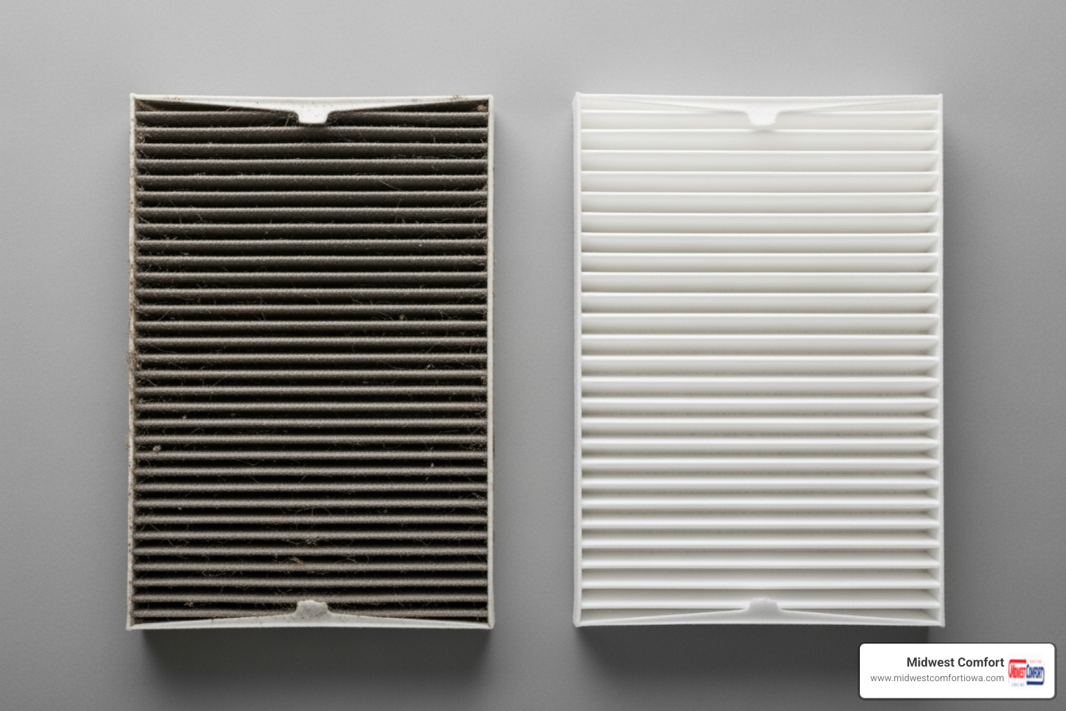 A dirty, clogged air filter next to a new, clean one - annual maintenance johnston