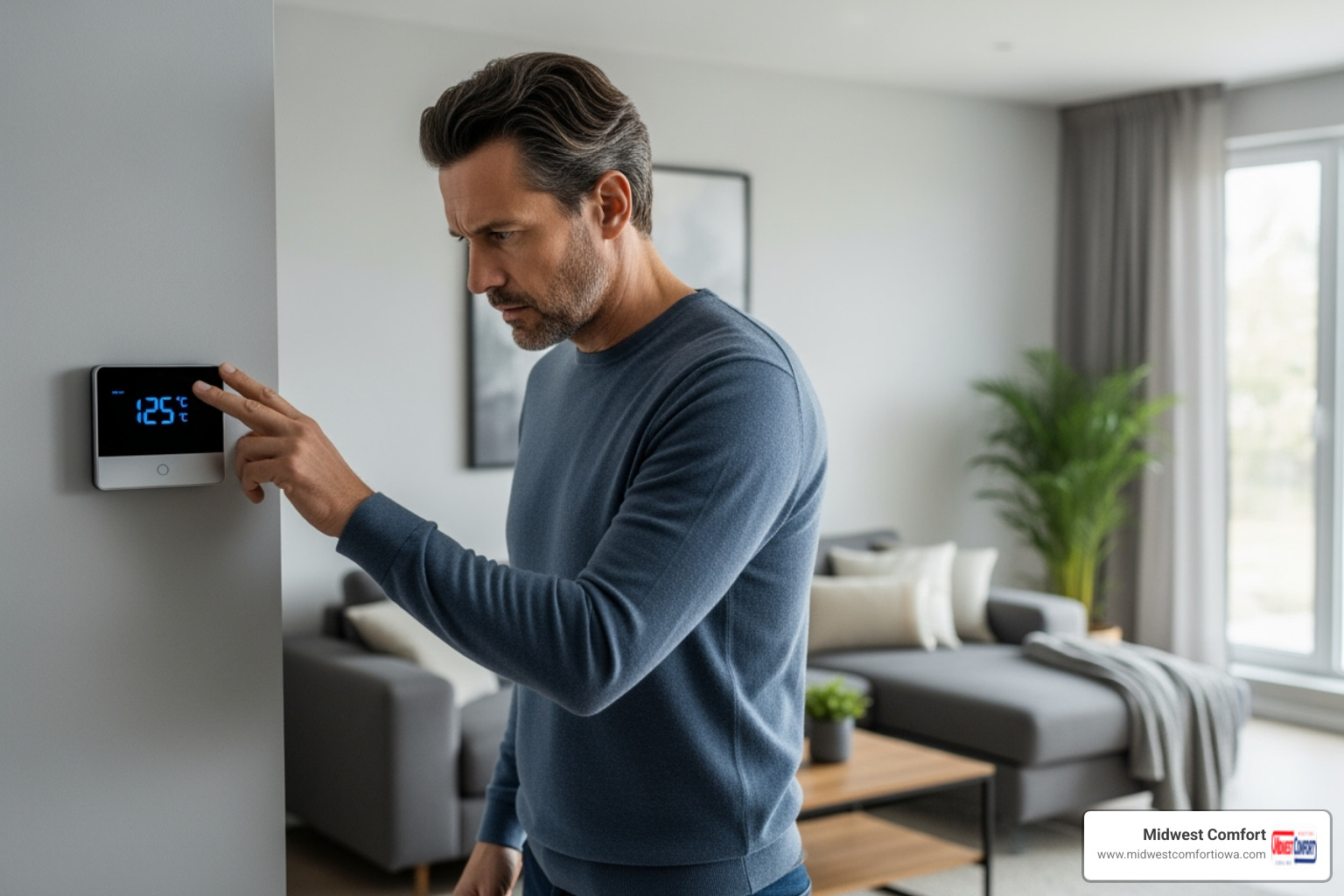 Image of a homeowner looking concerned at a thermostat. - ac installation waukee ia Image of a homeowner looking concerned at a thermostat. - ac installation waukee ia
