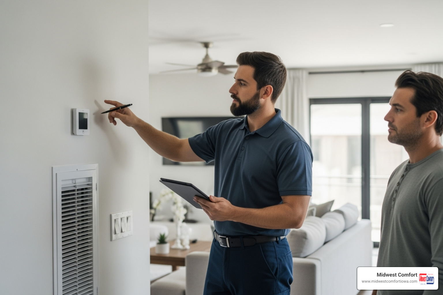 Image of a technician performing a home assessment. - ac installation waukee ia Image of a technician performing a home assessment. - ac installation waukee ia