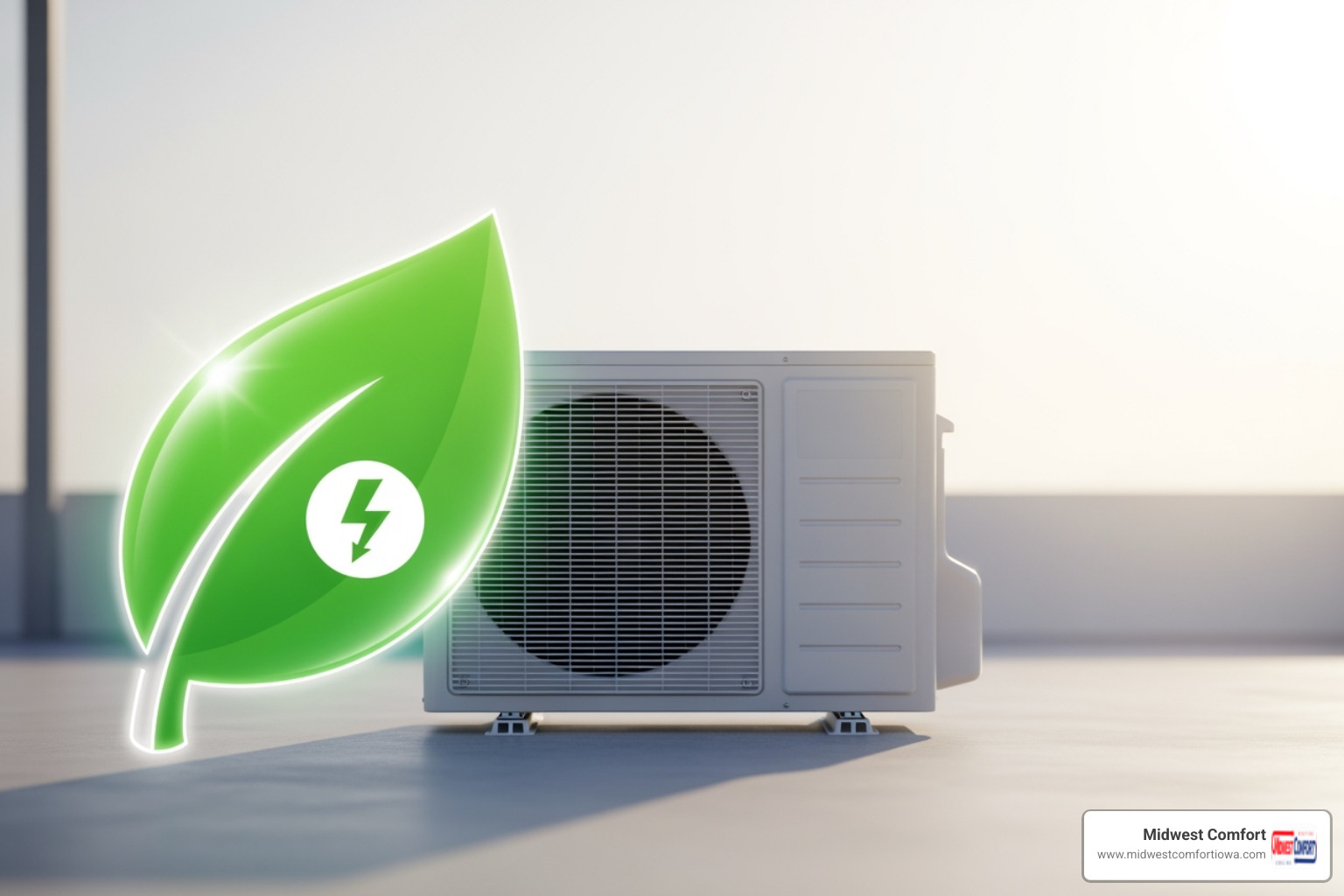 Image of an energy-saving icon next to a modern AC unit. - ac installation waukee ia Image of an energy-saving icon next to a modern AC unit. - ac installation waukee ia