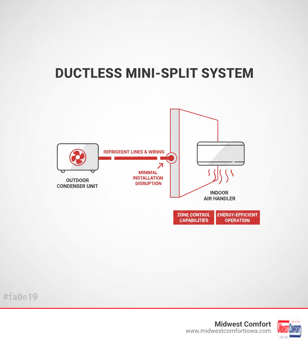 Infographic showing the three main components of a ductless mini-split system: outdoor condenser unit connected via refrigerant lines and electrical wiring through a small wall opening to an indoor air handler unit, with labels indicating minimal installation disruption, zone control capabilities, and energy-efficient operation - ductless ac replacement altoona infographic  Infographic showing the three main components of a ductless mini-split system: outdoor condenser unit connected via refrigerant lines and electrical wiring through a small wall opening to an indoor air handler unit, with labels indicating minimal installation disruption, zone control capabilities, and energy-efficient operation - ductless ac replacement altoona infographic