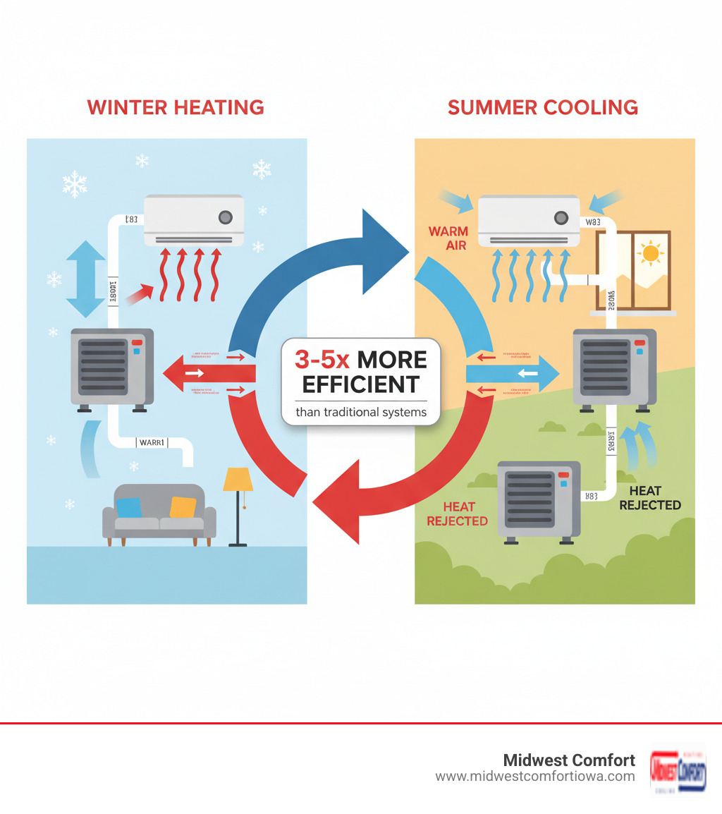 infographic showing heat pump efficiency: left side depicts winter heating mode with outdoor unit extracting heat from cold air and indoor unit distributing warm air, right side shows summer cooling mode with indoor unit absorbing heat and outdoor unit expelling it, with arrows indicating refrigerant flow direction and notation showing 3-5x more efficient than traditional systems - energy efficient heat pump windsor heights infographic  infographic showing heat pump efficiency: left side depicts winter heating mode with outdoor unit extracting heat from cold air and indoor unit distributing warm air, right side shows summer cooling mode with indoor unit absorbing heat and outdoor unit expelling it, with arrows indicating refrigerant flow direction and notation showing 3-5x more efficient than traditional systems - energy efficient heat pump windsor heights infographic