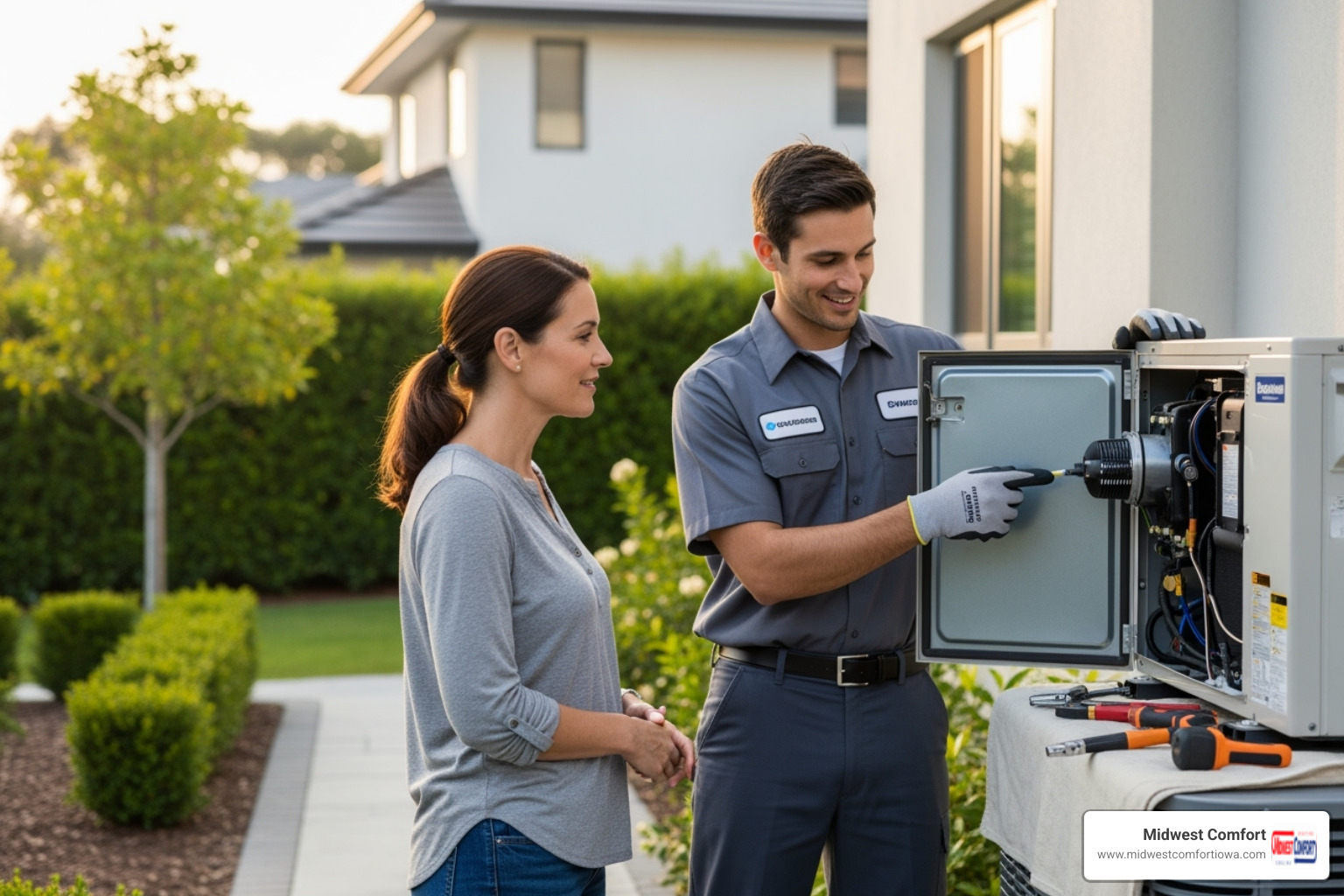 friendly technician explaining a repair to a homeowner - 24 hour ac repair ankeny friendly technician explaining a repair to a homeowner - 24 hour ac repair ankeny