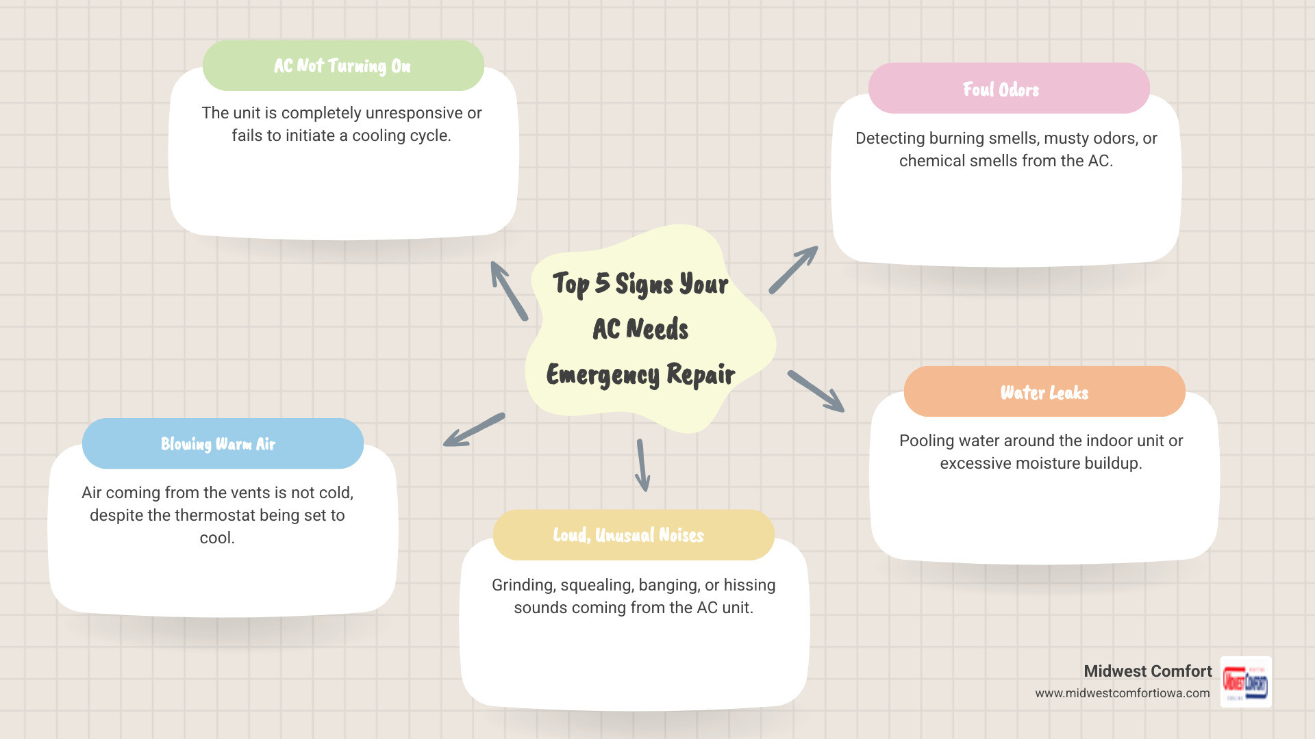 infographic showing five critical signs your AC needs emergency repair: unit won't turn on, blowing warm air instead of cold, loud grinding or squealing noises, burning or musty odors, and water pooling around the indoor unit - 24 hour ac repair ankeny infographic mindmap-5-items infographic showing five critical signs your AC needs emergency repair: unit won't turn on, blowing warm air instead of cold, loud grinding or squealing noises, burning or musty odors, and water pooling around the indoor unit - 24 hour ac repair ankeny infographic mindmap-5-items