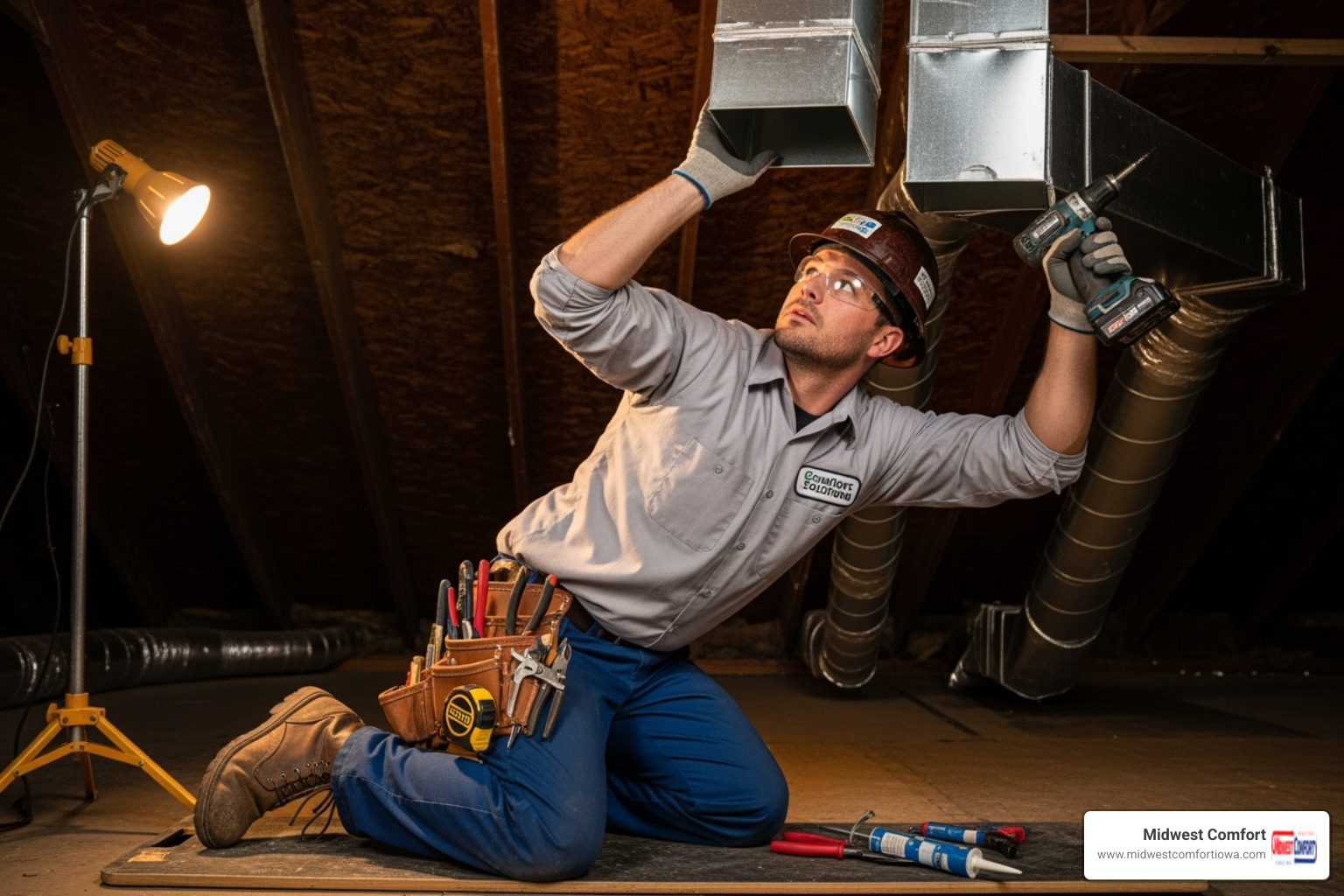 HVAC technician professionally installing a new duct run - ductwork installation des moines HVAC technician professionally installing a new duct run - ductwork installation des moines