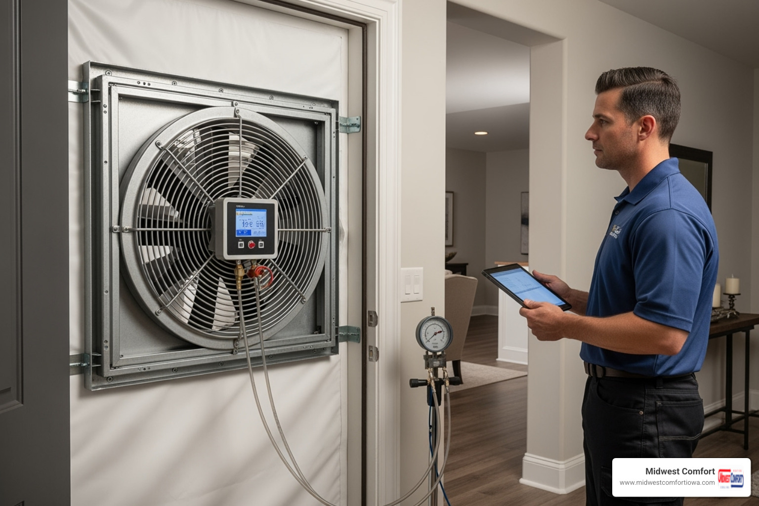 blower door test being performed in a home's doorway - energy audit near me des moines blower door test being performed in a home's doorway - energy audit near me des moines