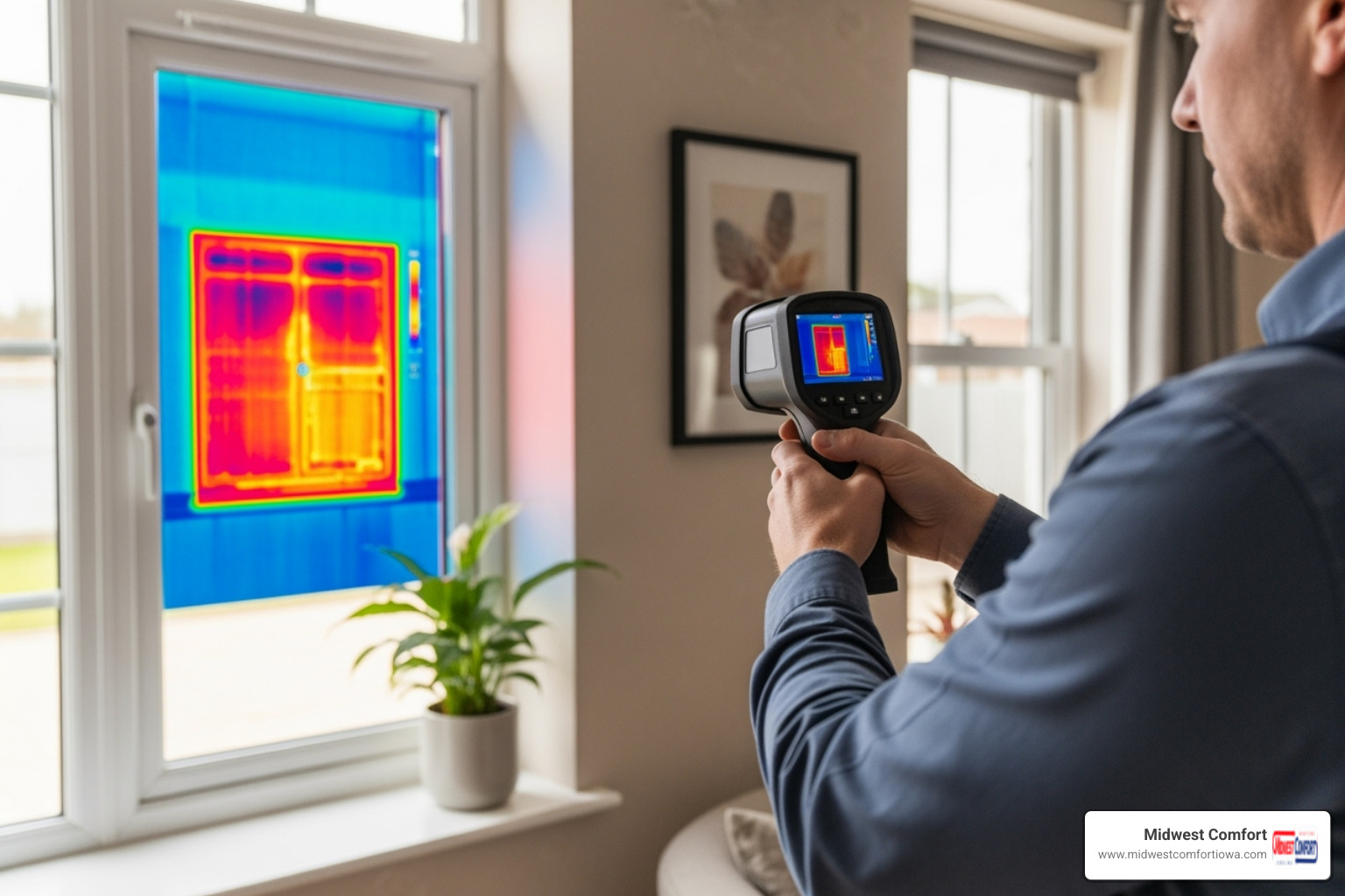 technician using an infrared camera to show heat loss around a window - energy audit near me des moines technician using an infrared camera to show heat loss around a window - energy audit near me des moines