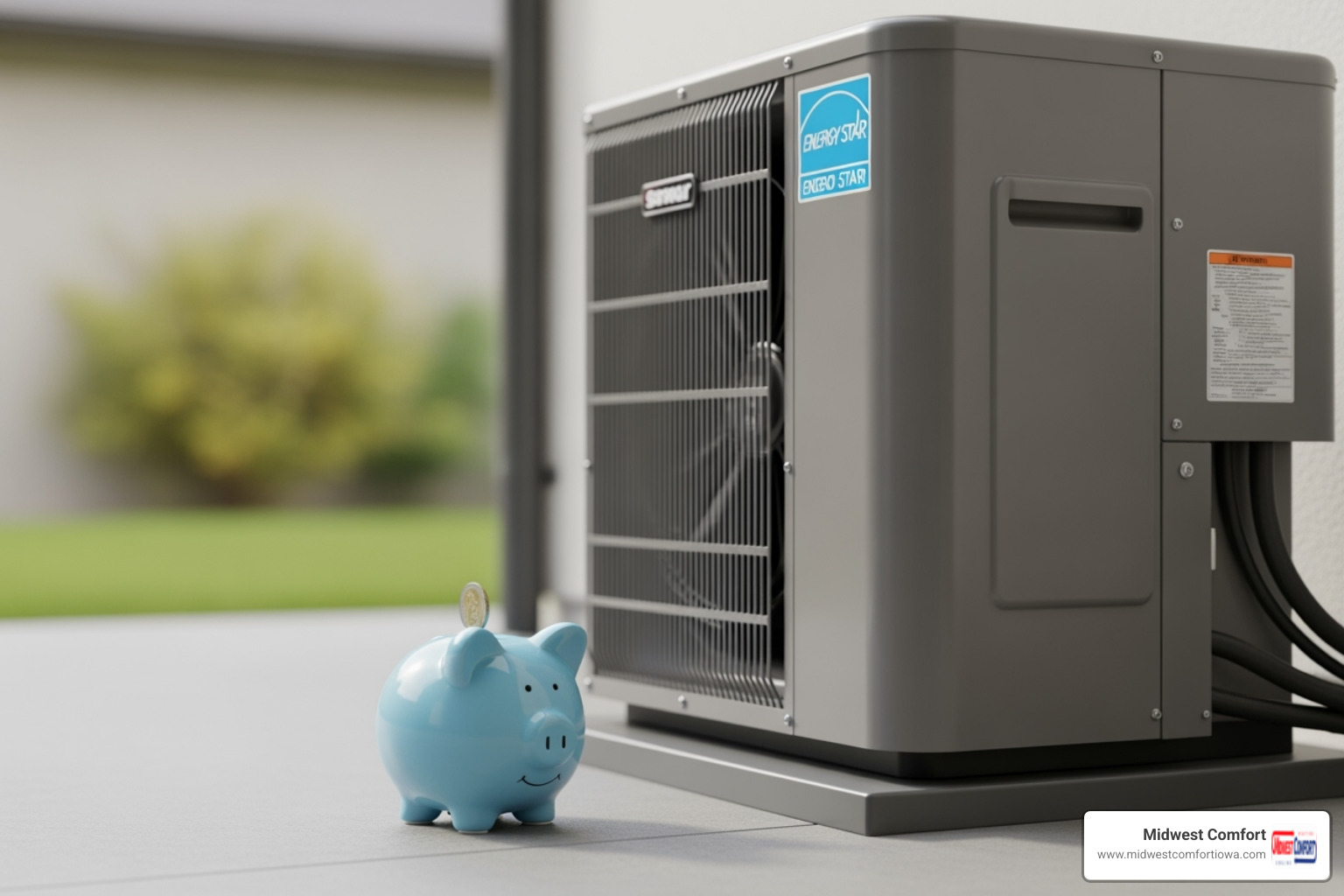 Piggy bank next to an energy-efficient HVAC unit - hvac inspection waukee Piggy bank next to an energy-efficient HVAC unit - hvac inspection waukee