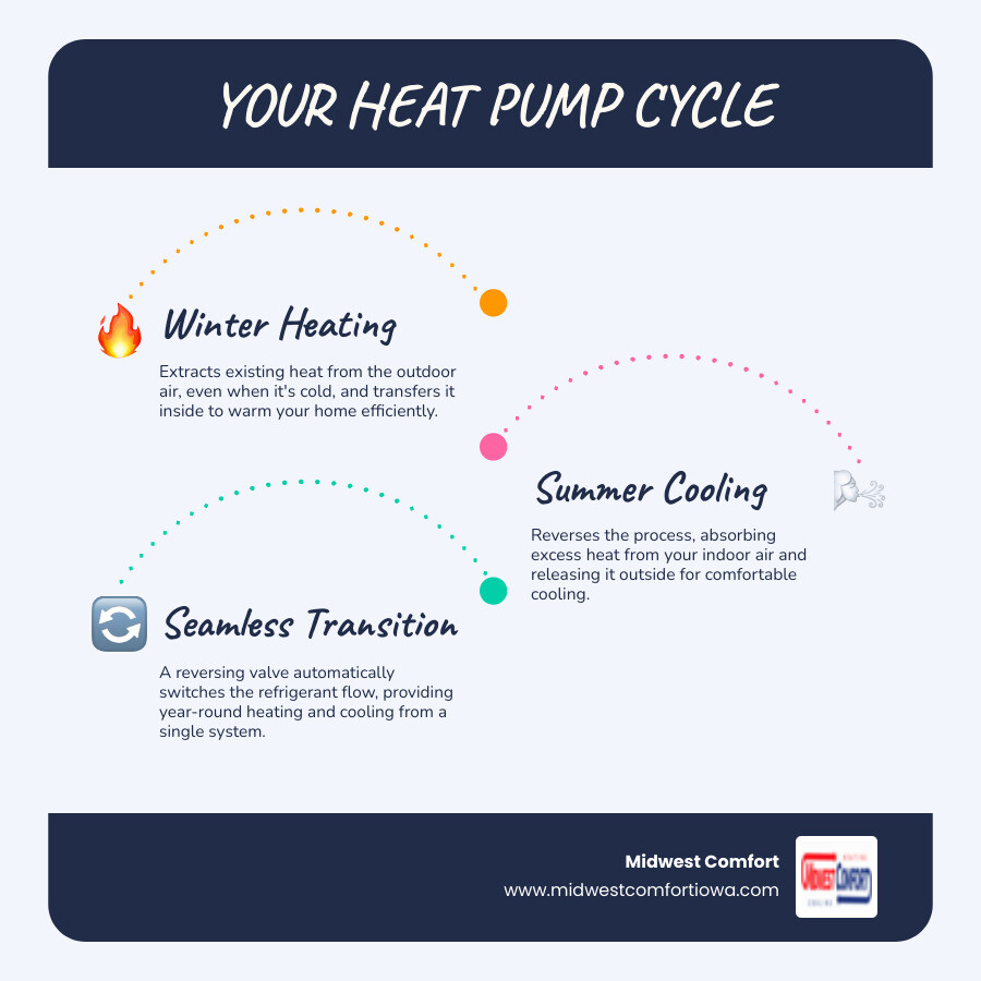infographic showing heat pump heating and cooling cycle with outdoor unit extracting heat in winter and indoor unit distributing warm air, then reversing in summer to cool the home - heat pump installation des moines infographic infographic-line-3-steps-blues-accent_colors infographic showing heat pump heating and cooling cycle with outdoor unit extracting heat in winter and indoor unit distributing warm air, then reversing in summer to cool the home - heat pump installation des moines infographic infographic-line-3-steps-blues-accent_colors