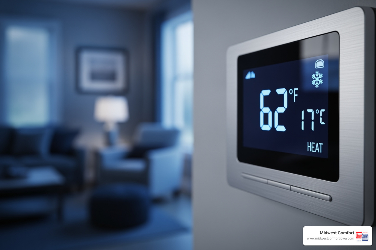 A home thermostat displaying a low temperature, with a blurred image of a cold living room in the background - emergency furnace service johnston A home thermostat displaying a low temperature, with a blurred image of a cold living room in the background - emergency furnace service johnston