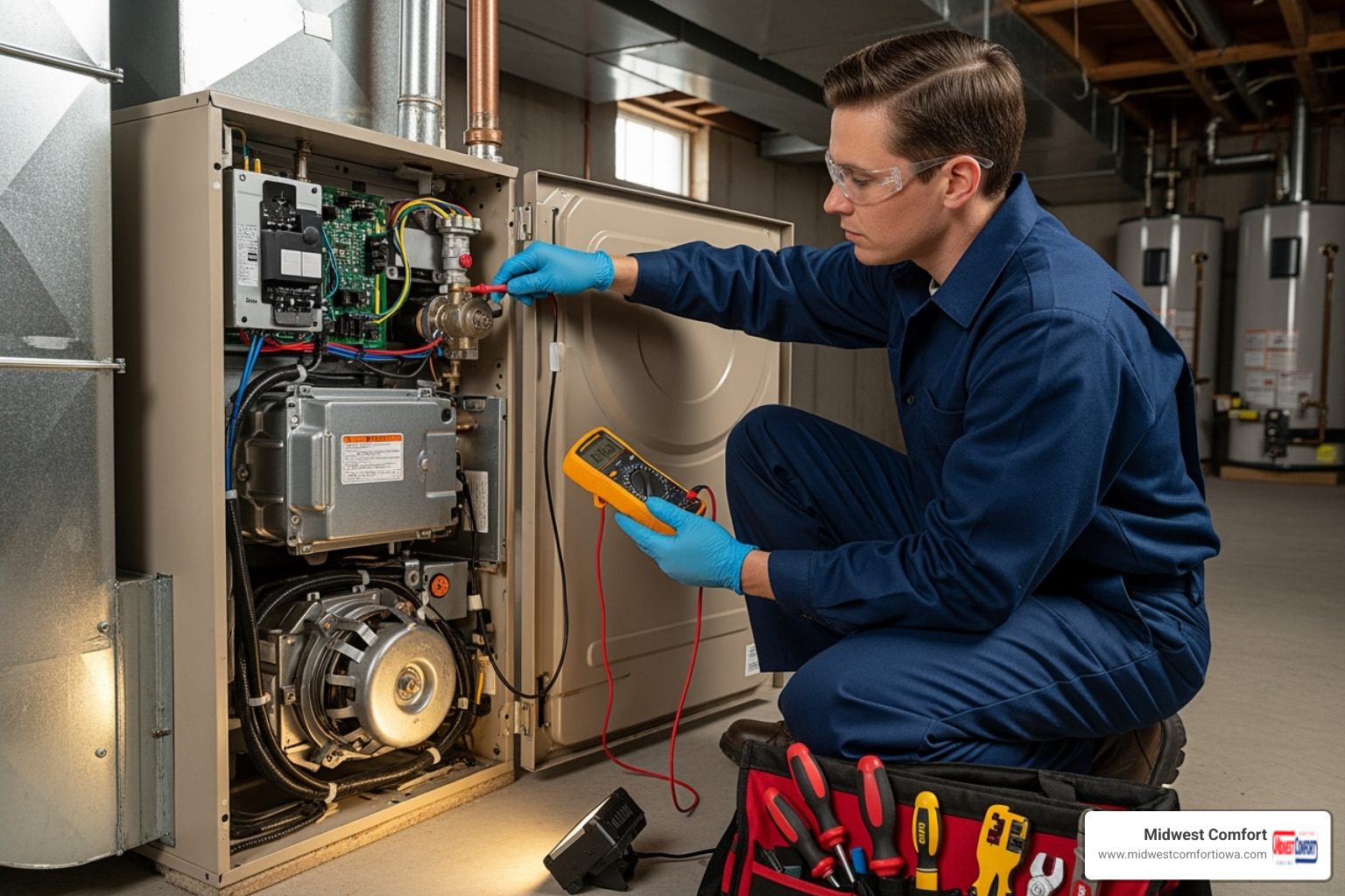 A technician wearing gloves and holding tools, performing maintenance on an open furnace unit - emergency furnace service johnston A technician wearing gloves and holding tools, performing maintenance on an open furnace unit - emergency furnace service johnston