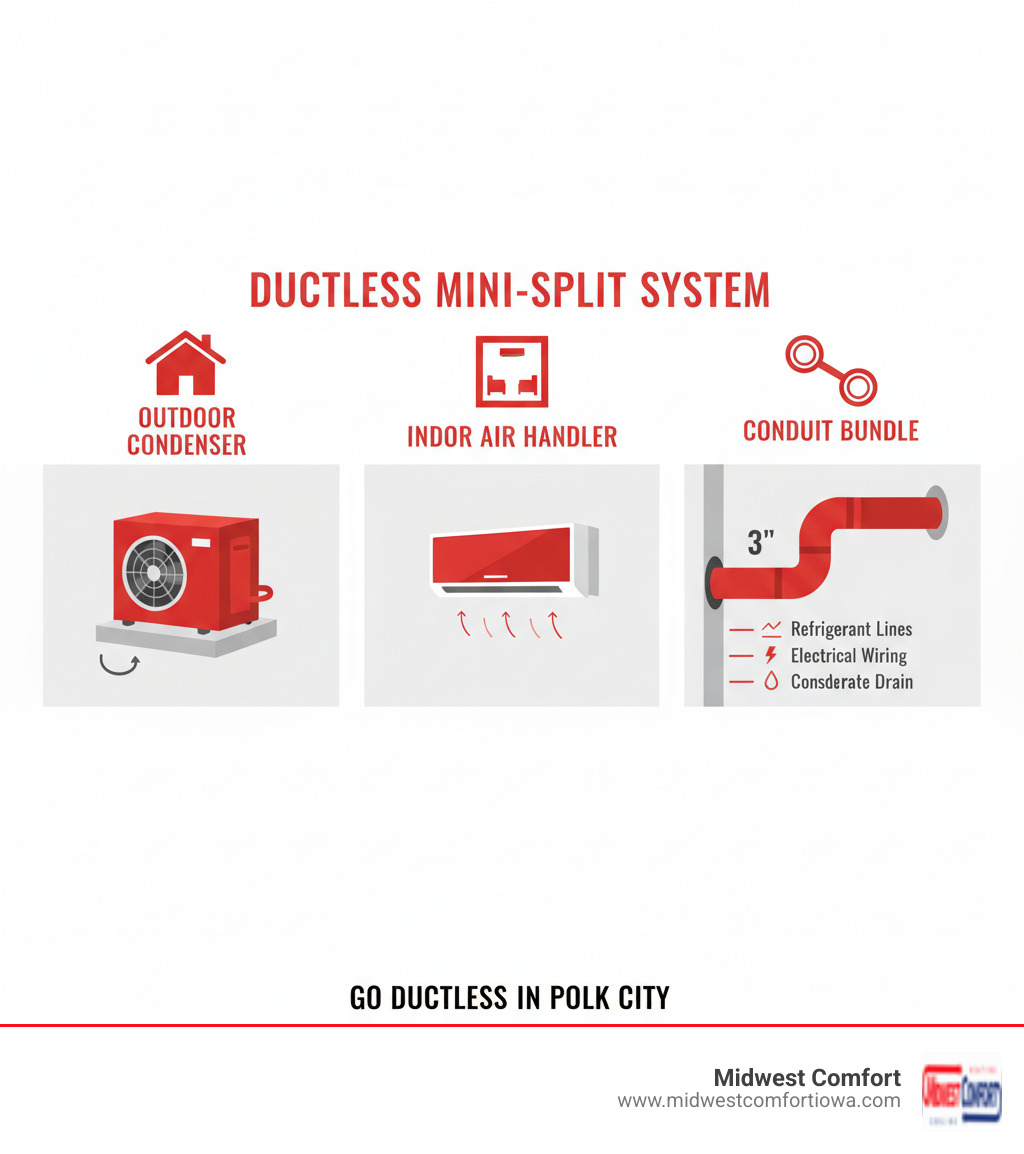 Infographic showing the three main components of a ductless mini-split system: an outdoor condenser unit mounted on a concrete pad or wall bracket, an indoor air handler mounted high on an interior wall, and a conduit bundle connecting them through a small 3-inch hole in the exterior wall carrying refrigerant lines, electrical wiring, and condensate drain - ductless installation polk city infographic Infographic showing the three main components of a ductless mini-split system: an outdoor condenser unit mounted on a concrete pad or wall bracket, an indoor air handler mounted high on an interior wall, and a conduit bundle connecting them through a small 3-inch hole in the exterior wall carrying refrigerant lines, electrical wiring, and condensate drain - ductless installation polk city infographic