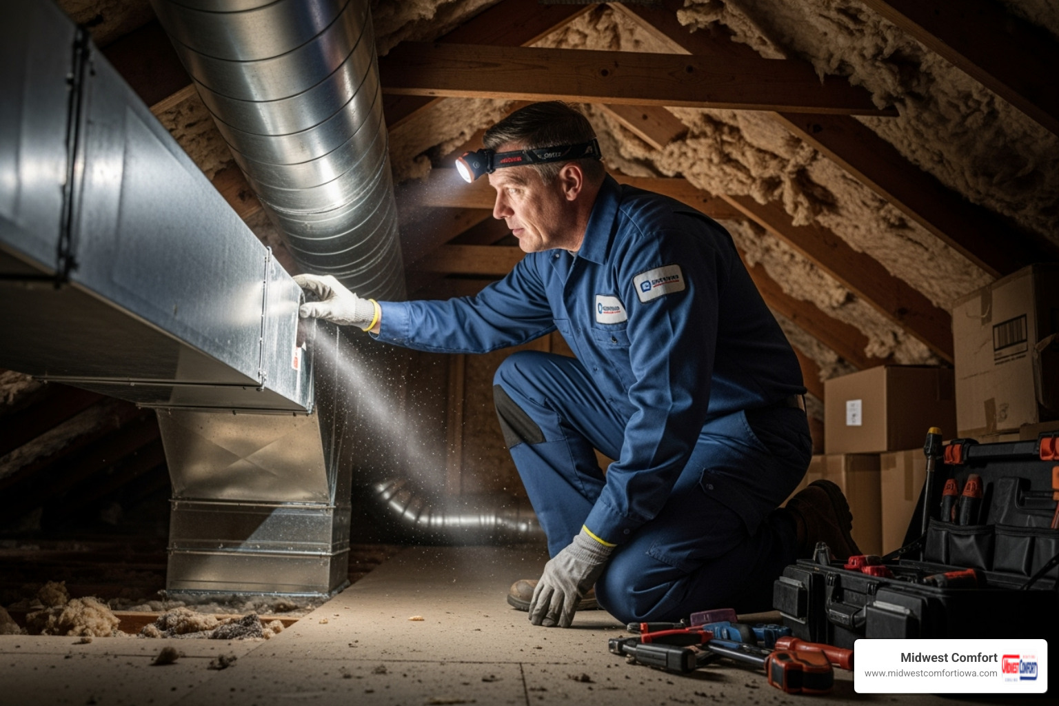 technician inspecting a leaky duct joint - ductwork services johnston technician inspecting a leaky duct joint - ductwork services johnston
