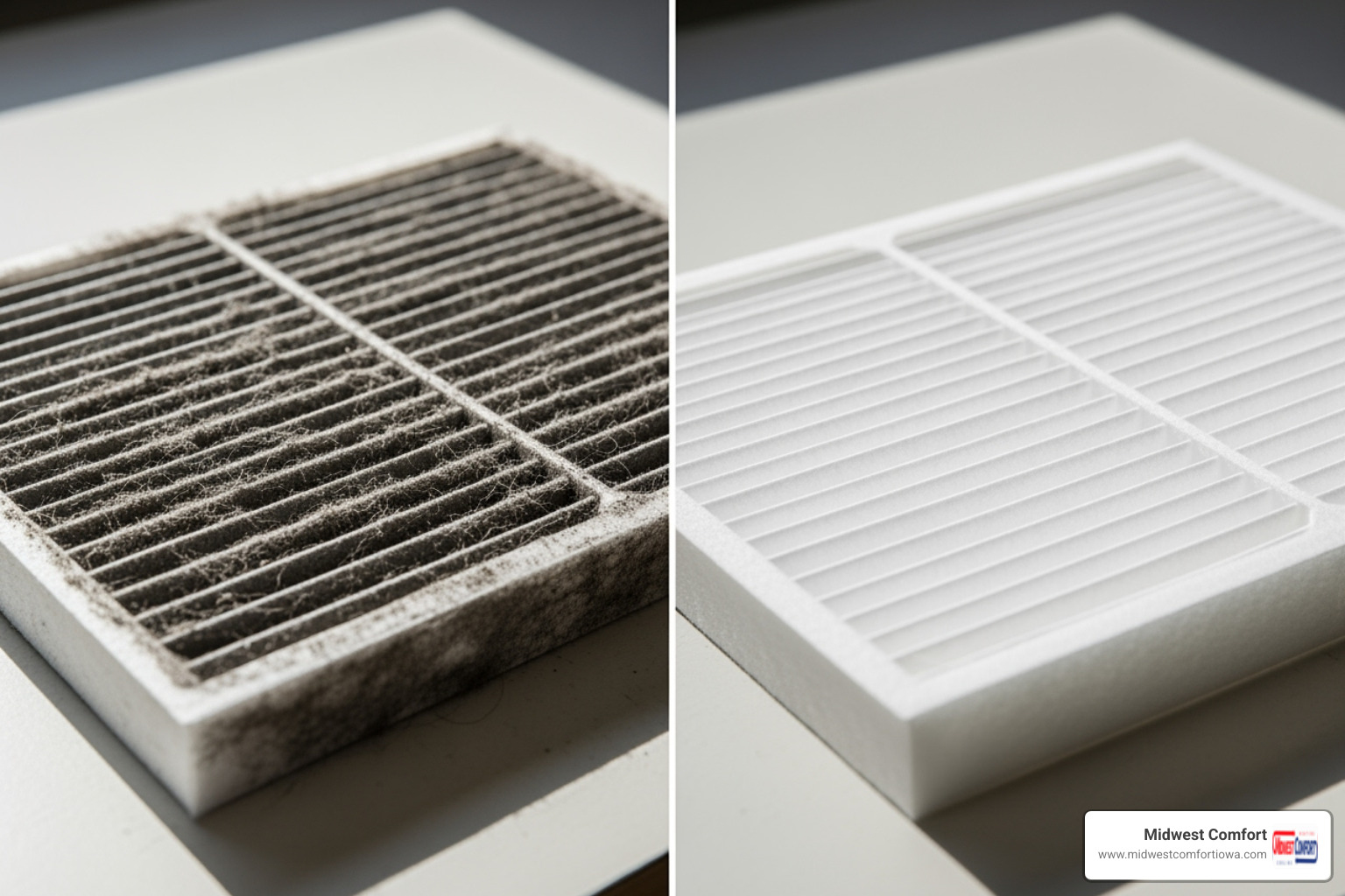 Dirty HVAC air filter next to a clean one - emergency hvac repair des moines