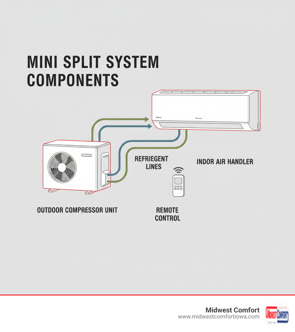 infographic showing mini split system components including outdoor compressor unit connected via refrigerant lines to wall mounted indoor air handler with remote control - mini split near me des moines infographic 