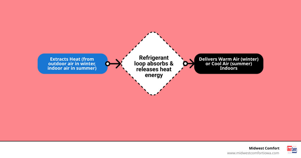 infographic explaining how a heat pump works to both heat and cool a home by transferring heat, indoor and outdoor units, and seasonal operation modes - I need to find a reliable company for heat pump installation in Des Moines. infographic flowmap_simple infographic explaining how a heat pump works to both heat and cool a home by transferring heat, indoor and outdoor units, and seasonal operation modes - I need to find a reliable company for heat pump installation in Des Moines. infographic flowmap_simple