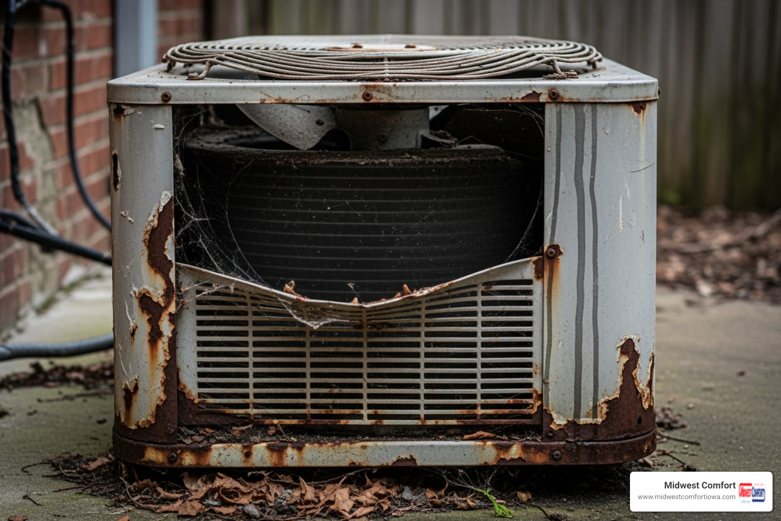 An old, weathered outdoor AC unit with visible rust and signs of disrepair, symbolizing inefficiency and the need for an upgrade - energy saving hvac des moines