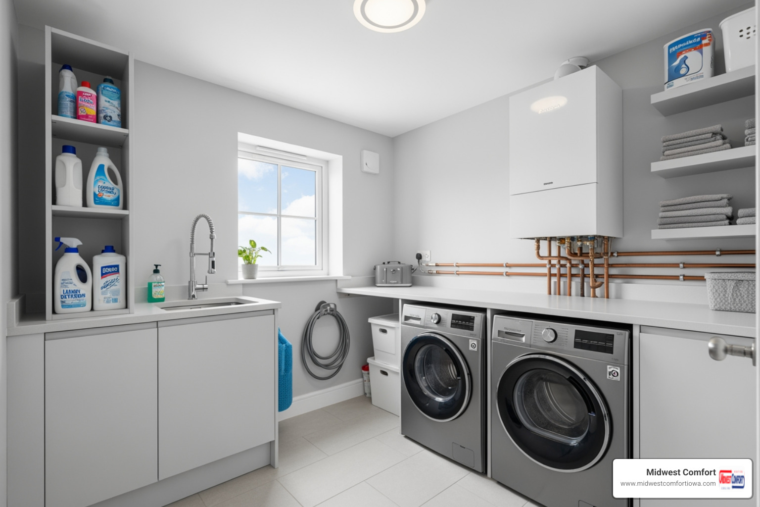 of a clear and accessible utility room with a boiler - "I need a trustworthy technician for boiler repair in Des Moines."