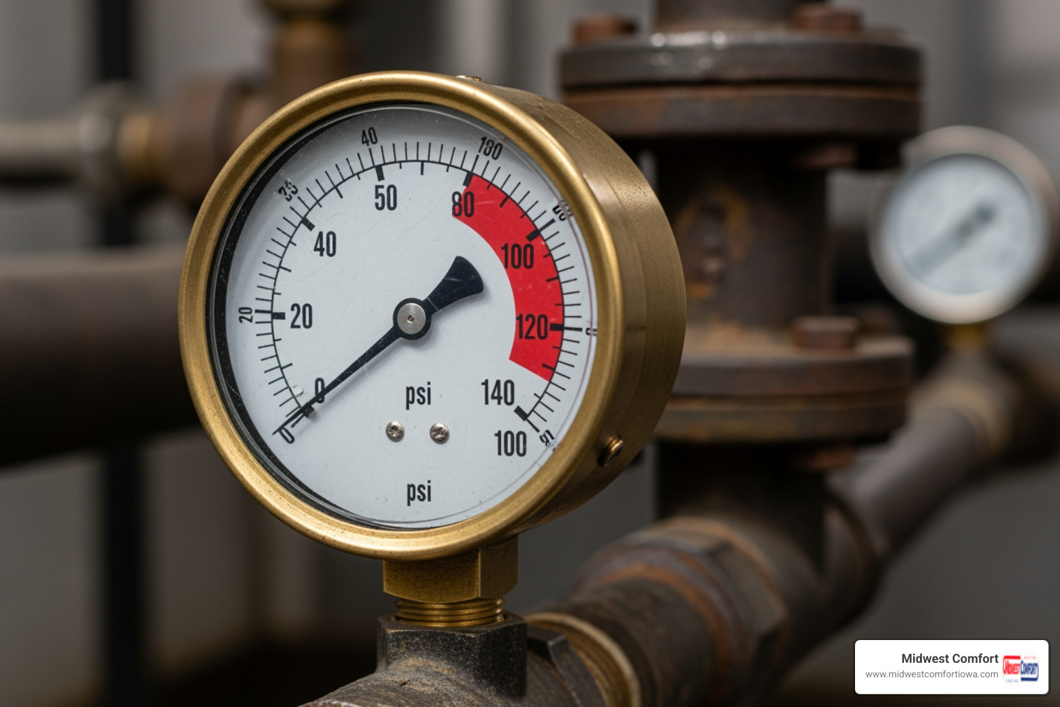 of a boiler pressure gauge in the red zone - "I need a trustworthy technician for boiler repair in Des Moines."
