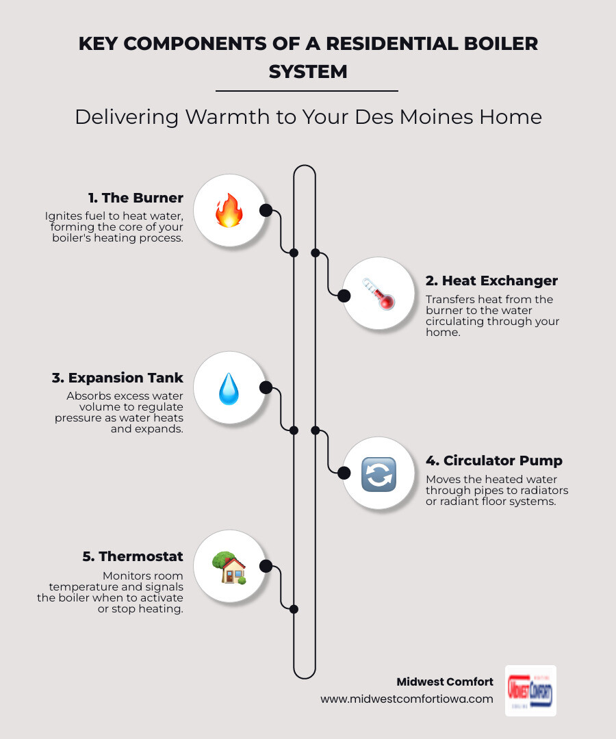 infographic showing the key components of a residential boiler system including the burner, heat exchanger, expansion tank, circulator pump, and thermostat, with arrows indicating how water flows through the system to deliver heat throughout a Des Moines home - "I need a trustworthy technician for boiler repair in Des Moines." infographic infographic-line-5-steps-elegant_beige