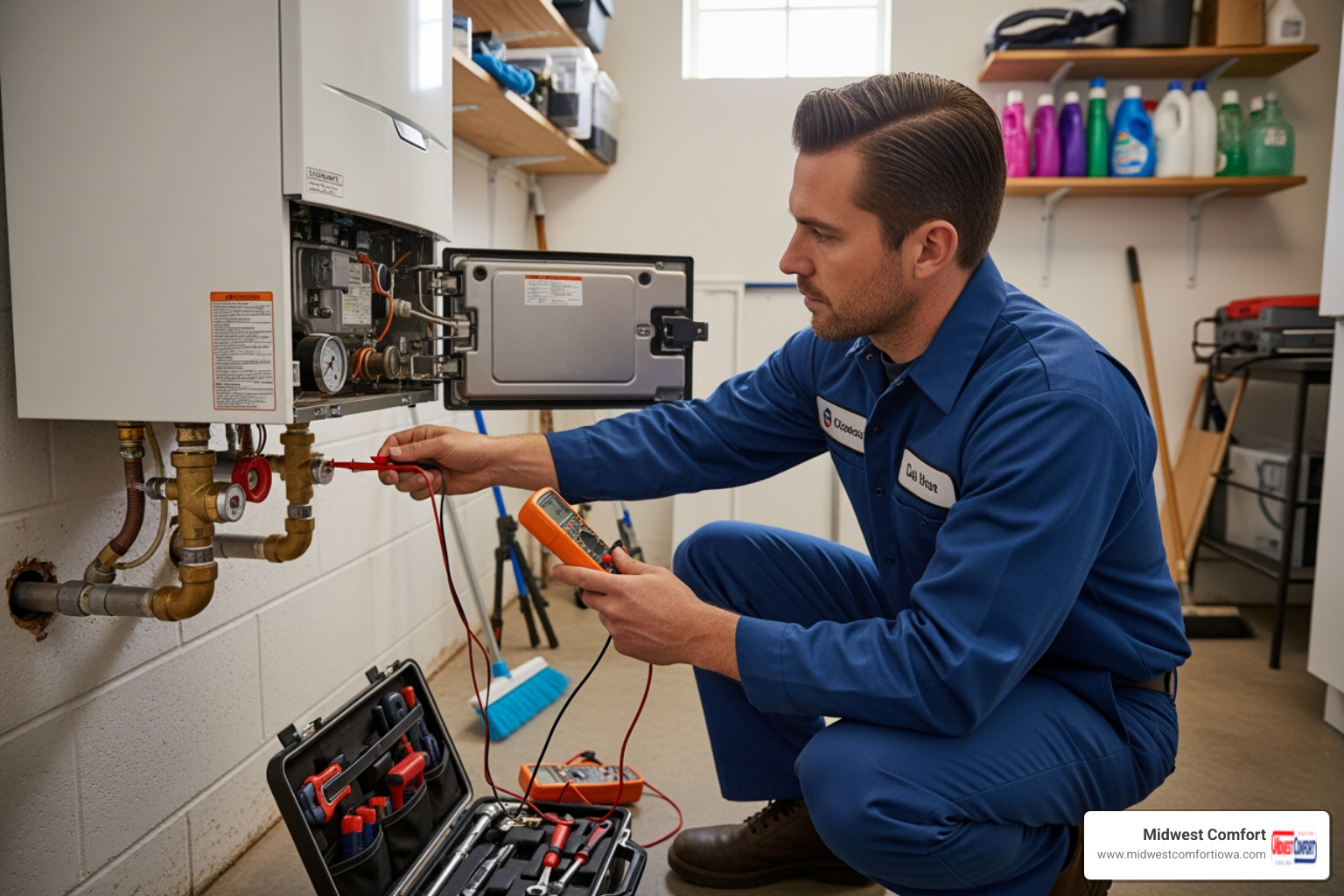 of a technician performing annual boiler maintenance - "I need a trustworthy technician for boiler repair in Des Moines."