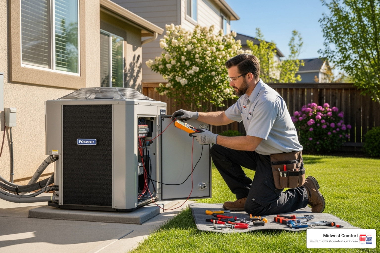 technician inspecting outdoor heat pump unit - residential heat pump altoona