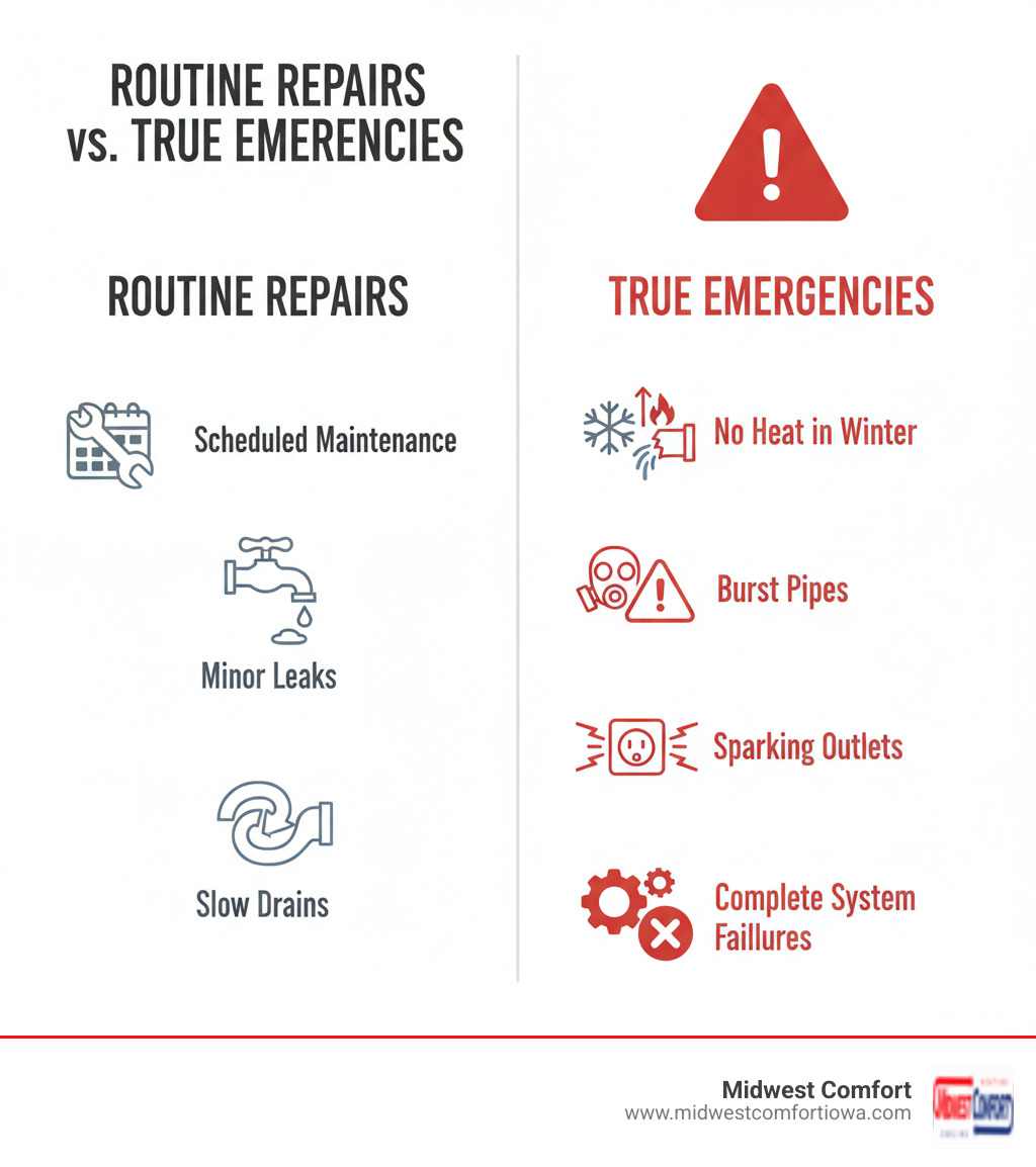 Infographic showing the difference between routine repairs and true emergencies, with routine repairs listed as scheduled maintenance, minor leaks, and slow drains on the left, and true emergencies listed as no heat in winter, burst pipes, gas leaks, sparking outlets, and complete system failures on the right, with a red alert symbol - emergency system repair windsor heights infographic Infographic showing the difference between routine repairs and true emergencies, with routine repairs listed as scheduled maintenance, minor leaks, and slow drains on the left, and true emergencies listed as no heat in winter, burst pipes, gas leaks, sparking outlets, and complete system failures on the right, with a red alert symbol - emergency system repair windsor heights infographic