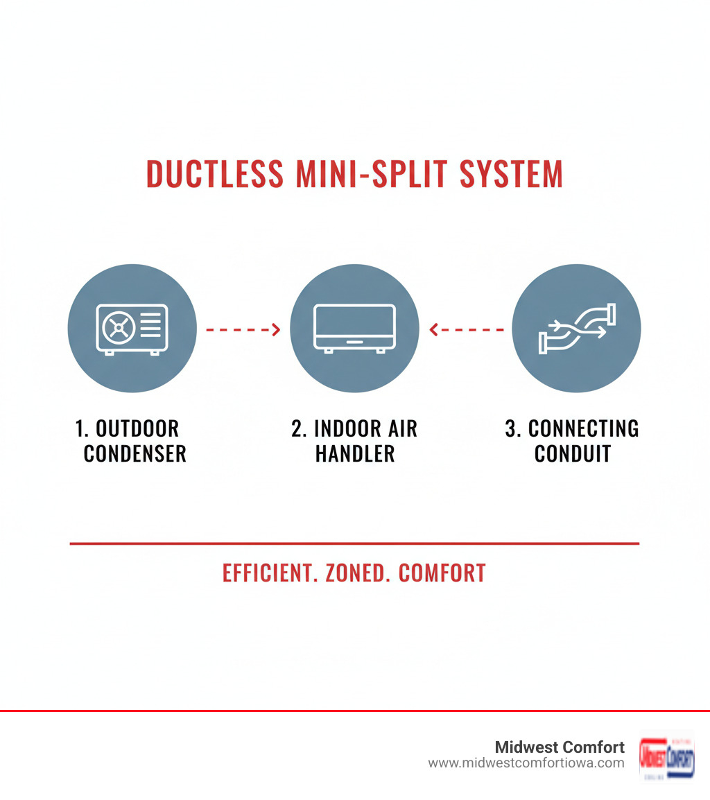 Infographic showing the three main components of a ductless mini-split system: an outdoor condenser, indoor air handler, and connecting conduit - ductless replacement waukee infographic Infographic showing the three main components of a ductless mini-split system: an outdoor condenser, indoor air handler, and connecting conduit - ductless replacement waukee infographic