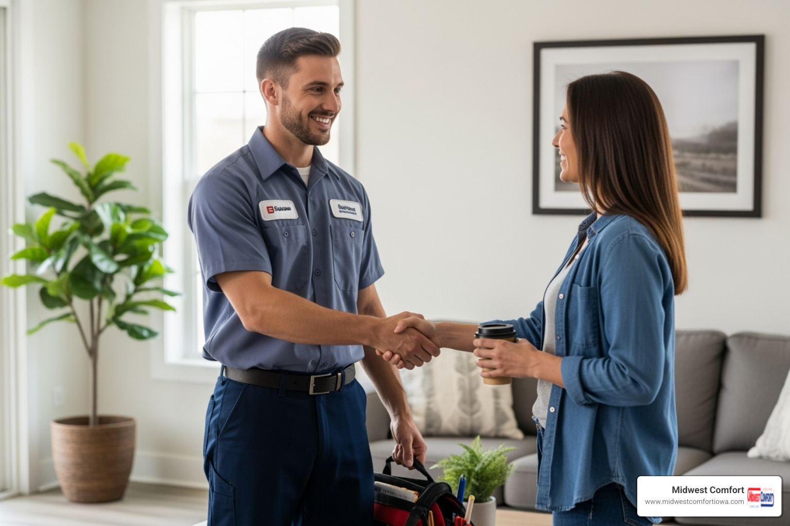 friendly HVAC technician shaking hands with a satisfied homeowner - ductless replacement waukee friendly HVAC technician shaking hands with a satisfied homeowner - ductless replacement waukee