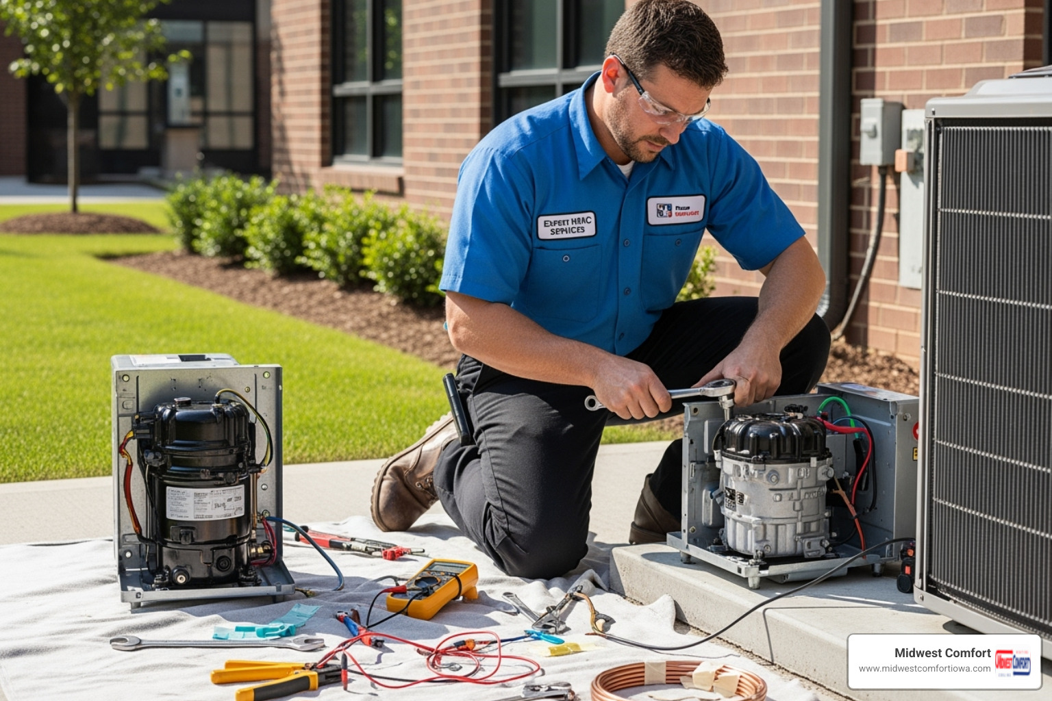 technician performing a complex and costly AC compressor replacement - urgent cooling repair polk city