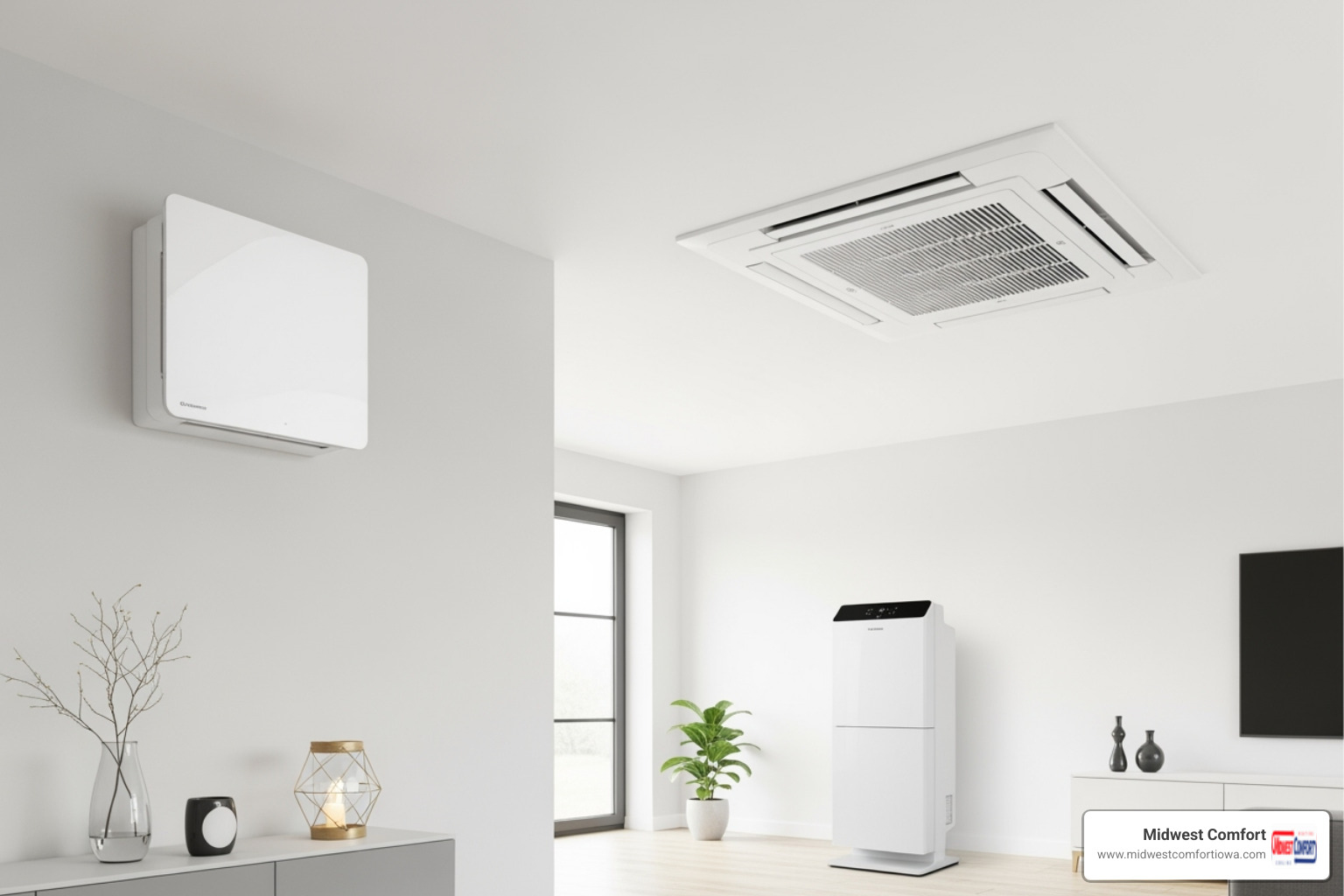 Different indoor unit styles for ductless systems, including a wall-mounted unit, a ceiling cassette unit, and a floor-standing unit, showing their discreet placement - ductless system johnston Different indoor unit styles for ductless systems, including a wall-mounted unit, a ceiling cassette unit, and a floor-standing unit, showing their discreet placement - ductless system johnston