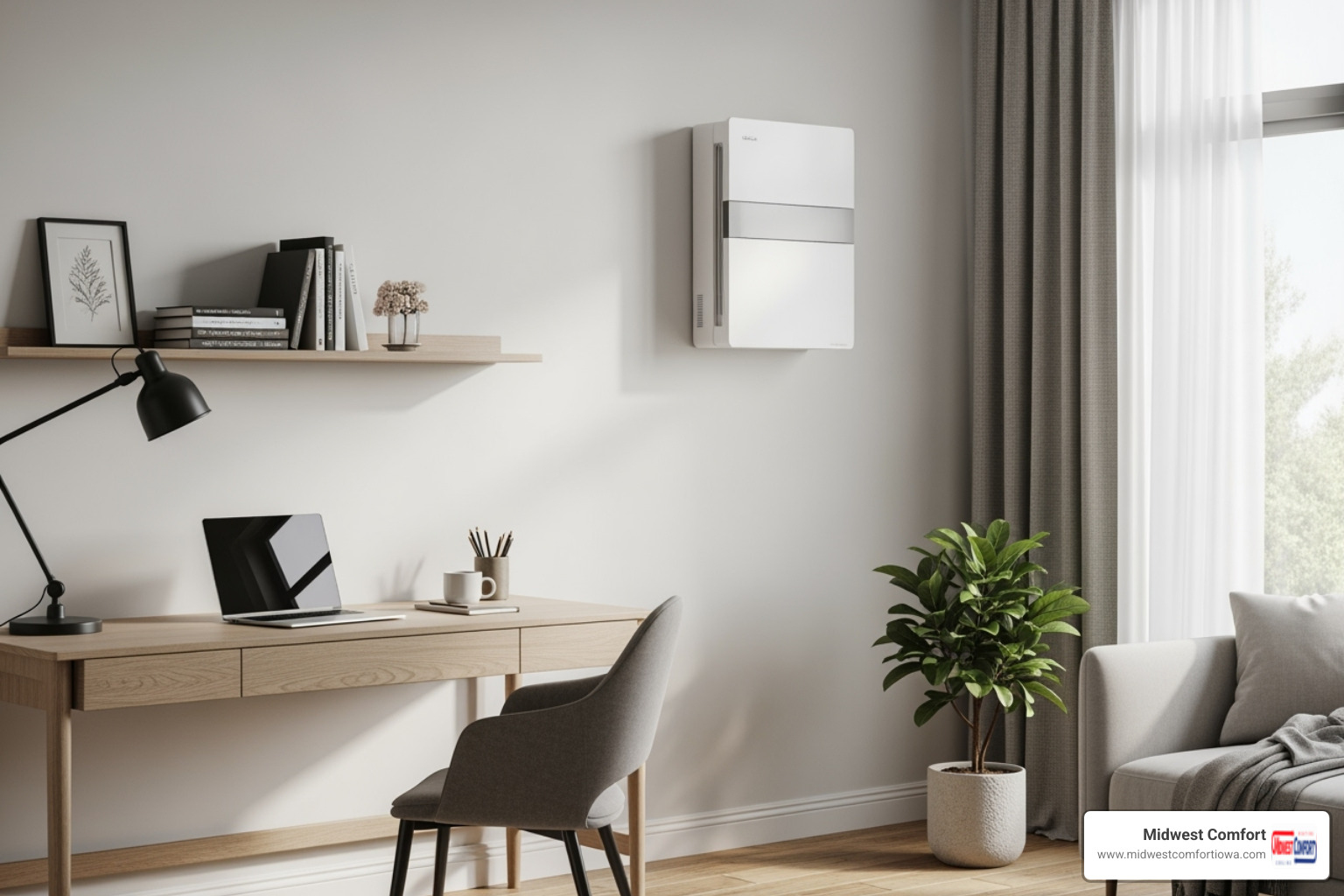 A sleek, unobtrusive wall-mounted ductless unit blending into a modern home office, providing quiet comfort - ductless system johnston A sleek, unobtrusive wall-mounted ductless unit blending into a modern home office, providing quiet comfort - ductless system johnston