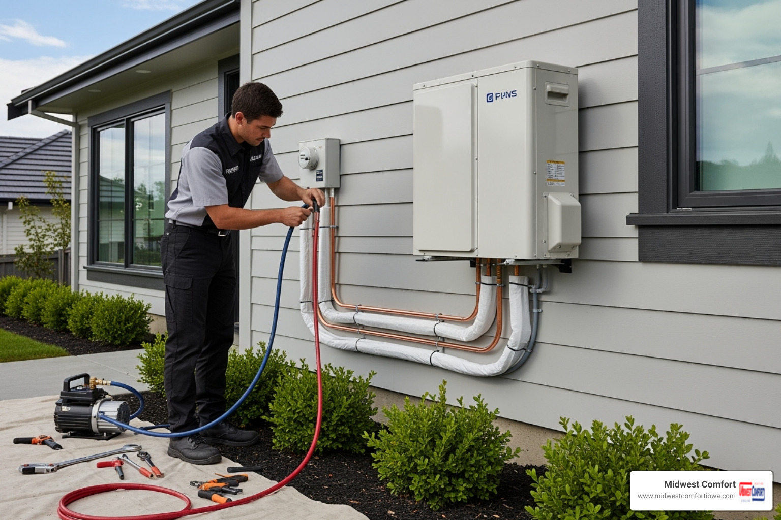 A professional HVAC technician meticulously installing an outdoor ductless mini-split unit, ensuring clean lines and proper connections against a residential home exterior - ductless system johnston A professional HVAC technician meticulously installing an outdoor ductless mini-split unit, ensuring clean lines and proper connections against a residential home exterior - ductless system johnston