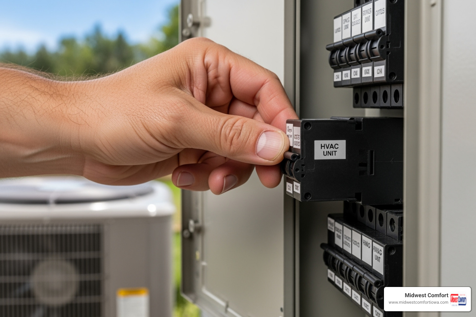 person safely turning off a circuit breaker to their HVAC unit - urgent repair waukee