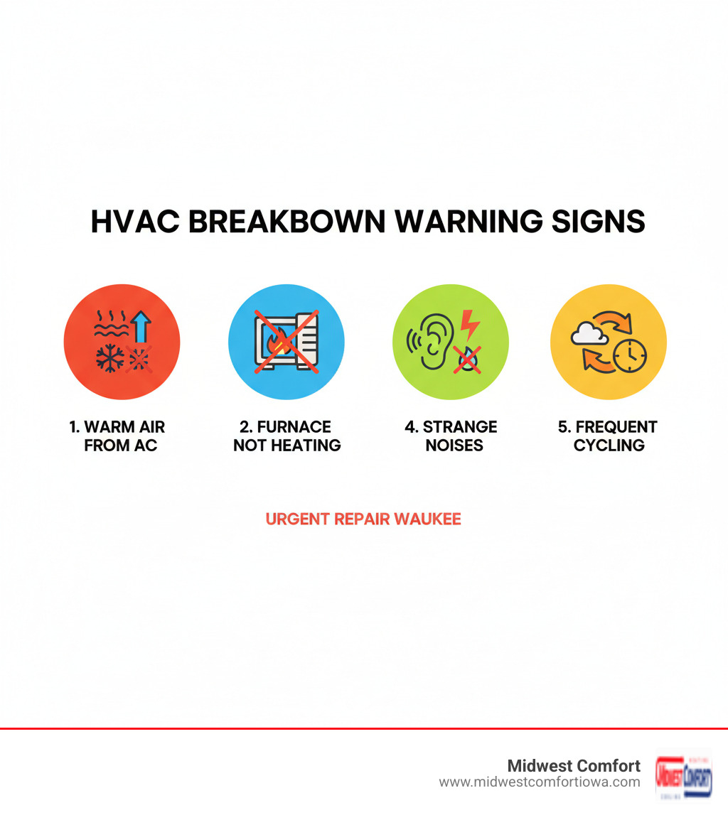 infographic showing 5 warning signs of HVAC breakdown including warm air from AC, furnace not heating, strange noises, unusual burning smells, and frequent system cycling - urgent repair waukee infographic 