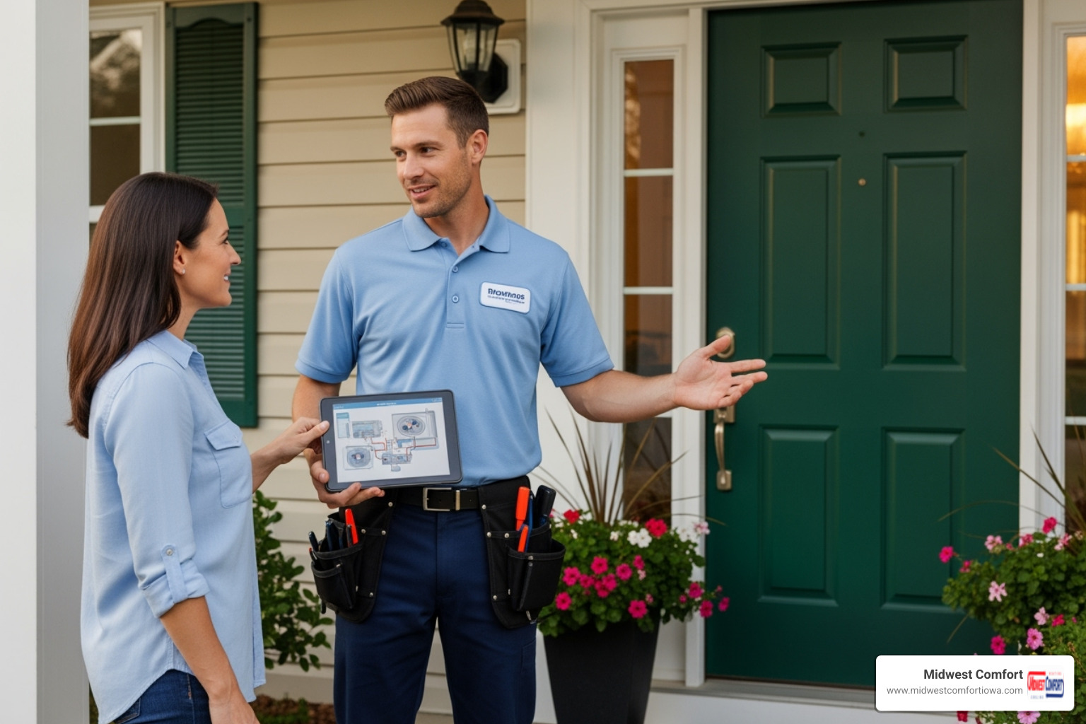friendly, uniformed HVAC technician discussing options with a homeowner at their front door - mini split service windsor heights